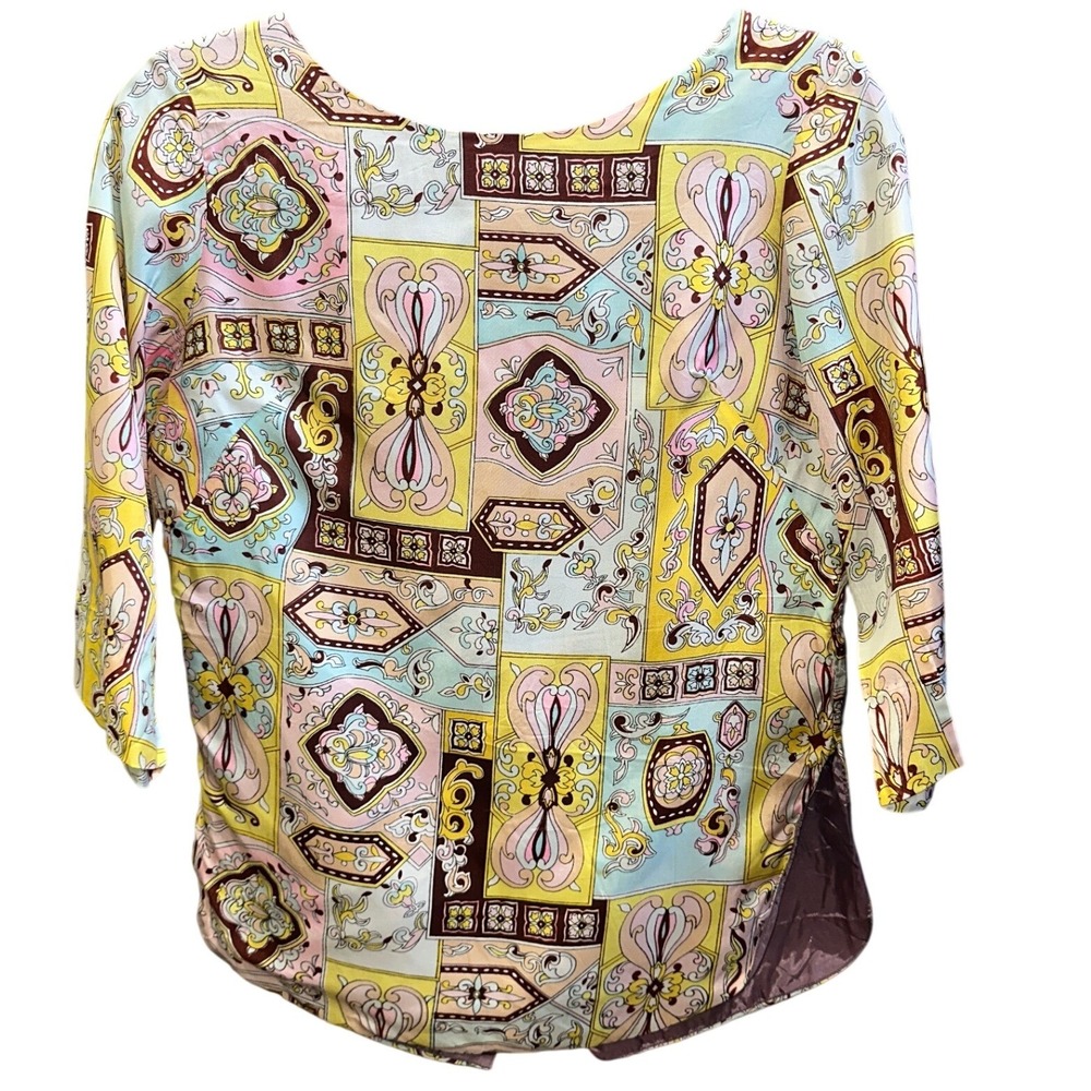 Vintage Herman Geist Silk Lined Button Back Blouse‎ Yellow Pink Tile Print
